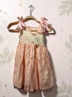 Pettigirl Girls Dress Size 5 Pink Stripe Smocked Bow 100% Cotton NWT Boutique